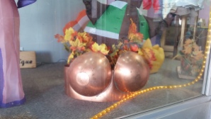 A copper bra at a lingerie store downtown.